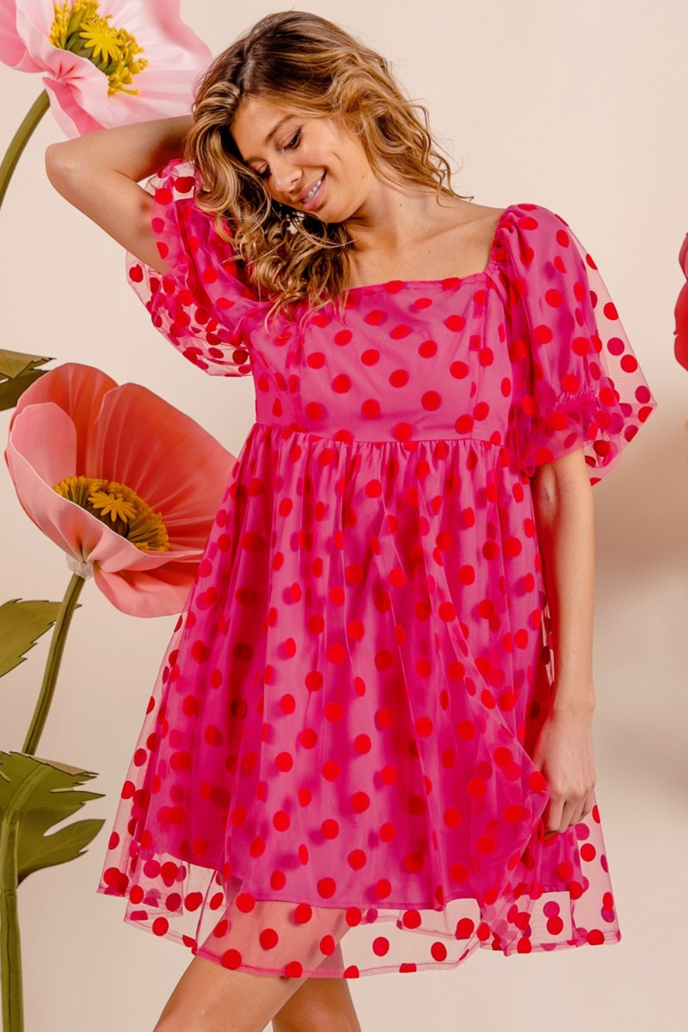 Ginger Polka Dot Mesh Puff Sleeve Dress