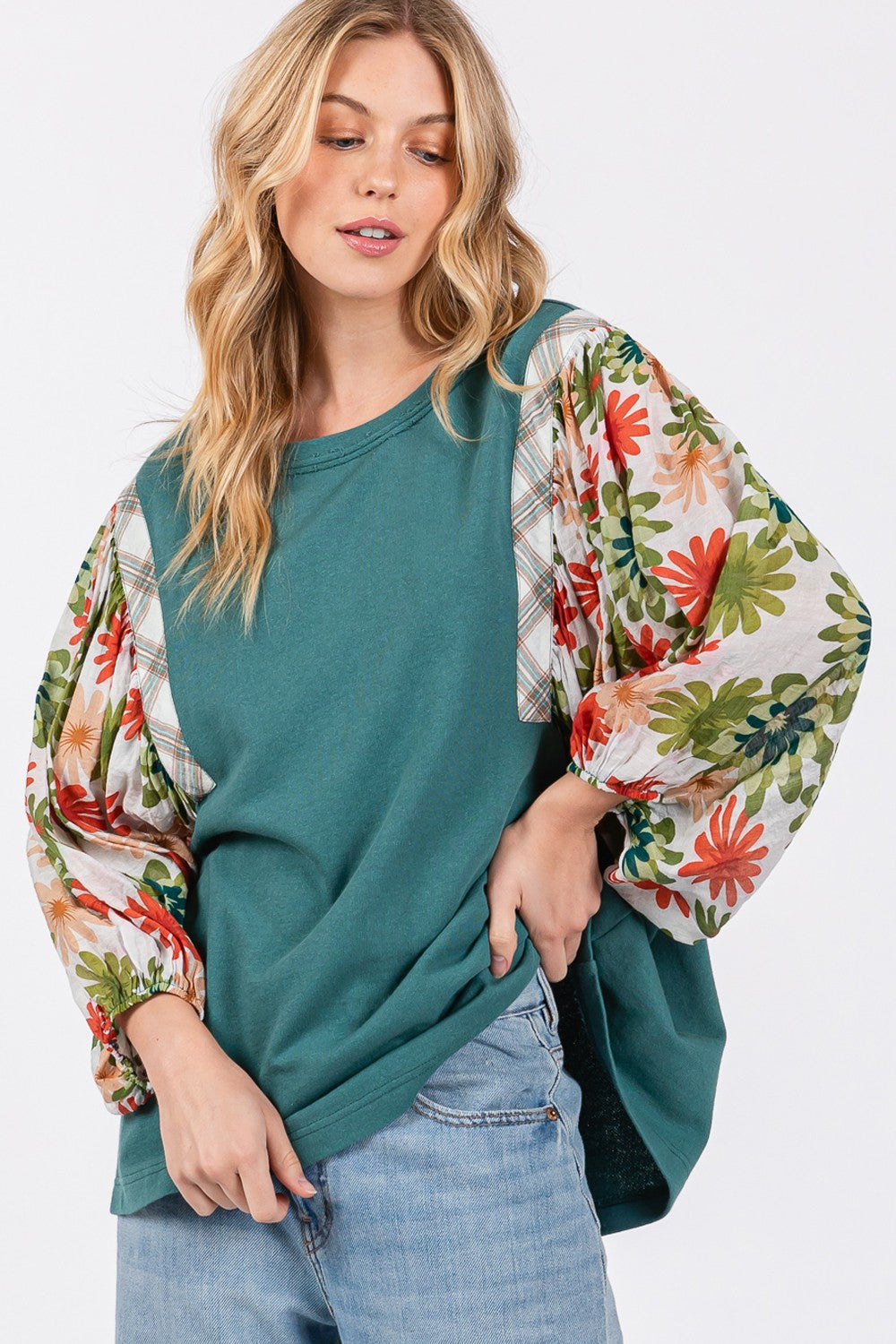 Printed Balloon Sleeve Contrast Top