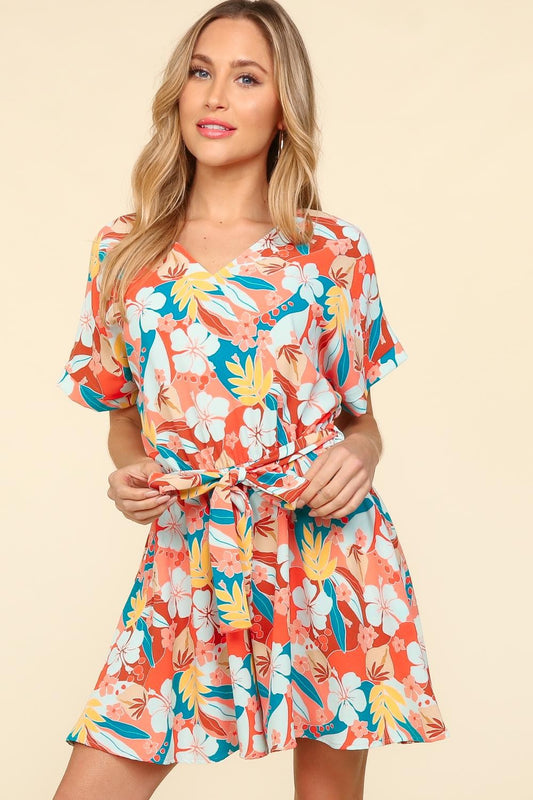 Tropical Floral Short Sleeve Tied Romper