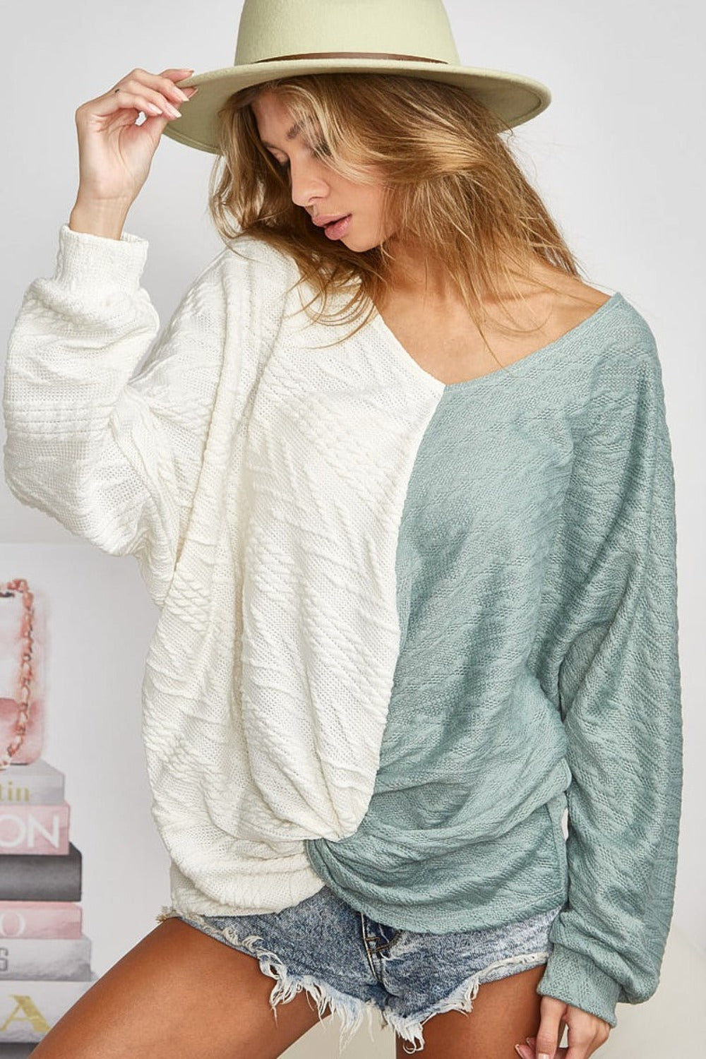 KinsleyTwist Front Contrast Cable Knit Top