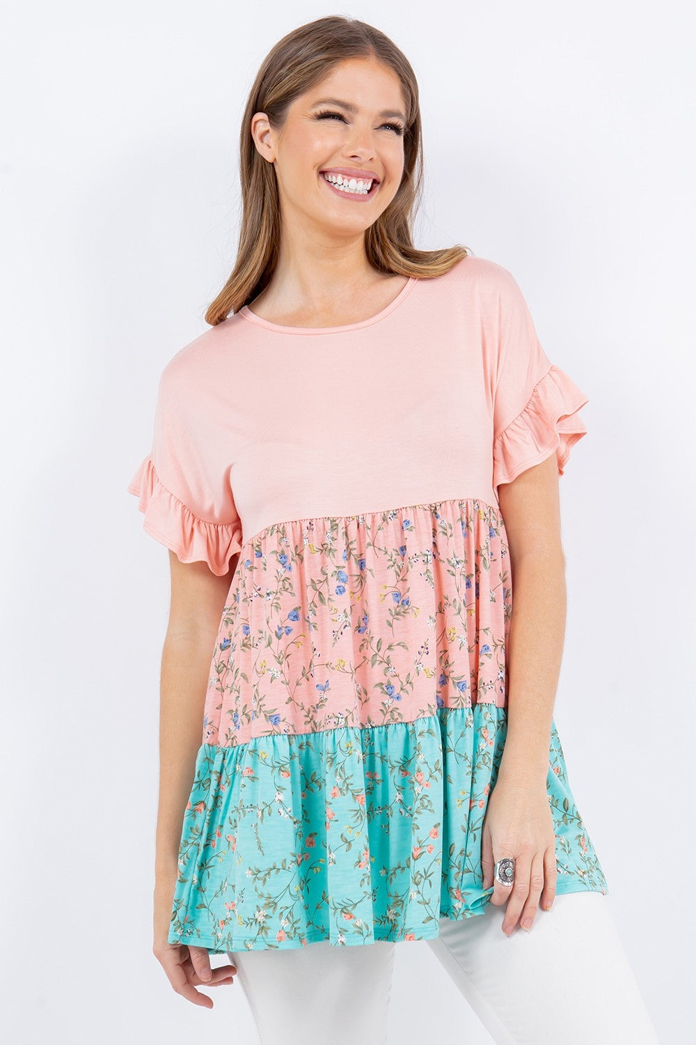 Fanny Floral Color Block Ruffled Top