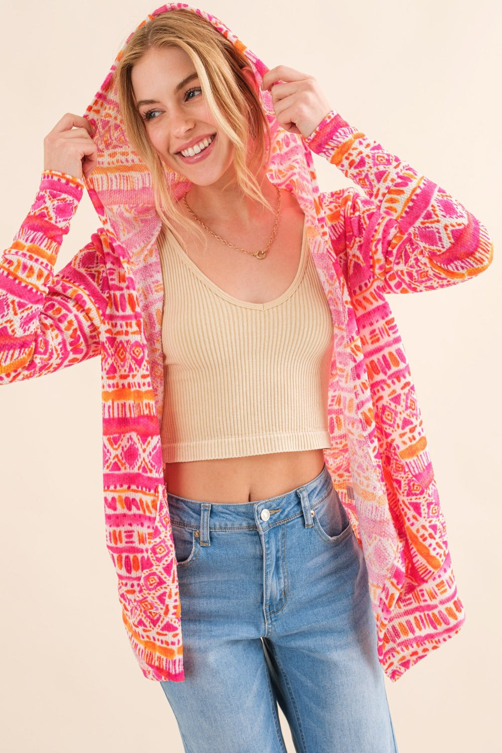 Malia Printed Thermal Hooded Open Front Cardigan