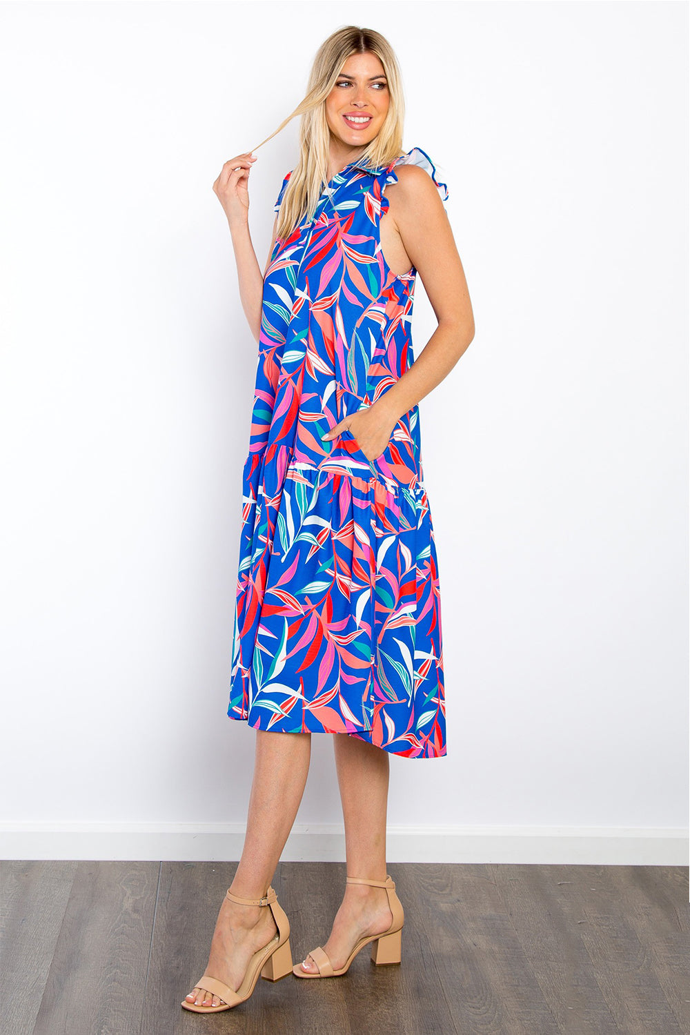 Kathy Print Ruffled Midi Dress with Pockets