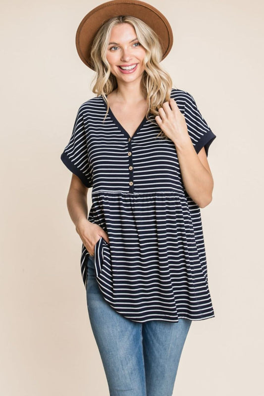 Shirley Striped Button Front Baby Doll Top