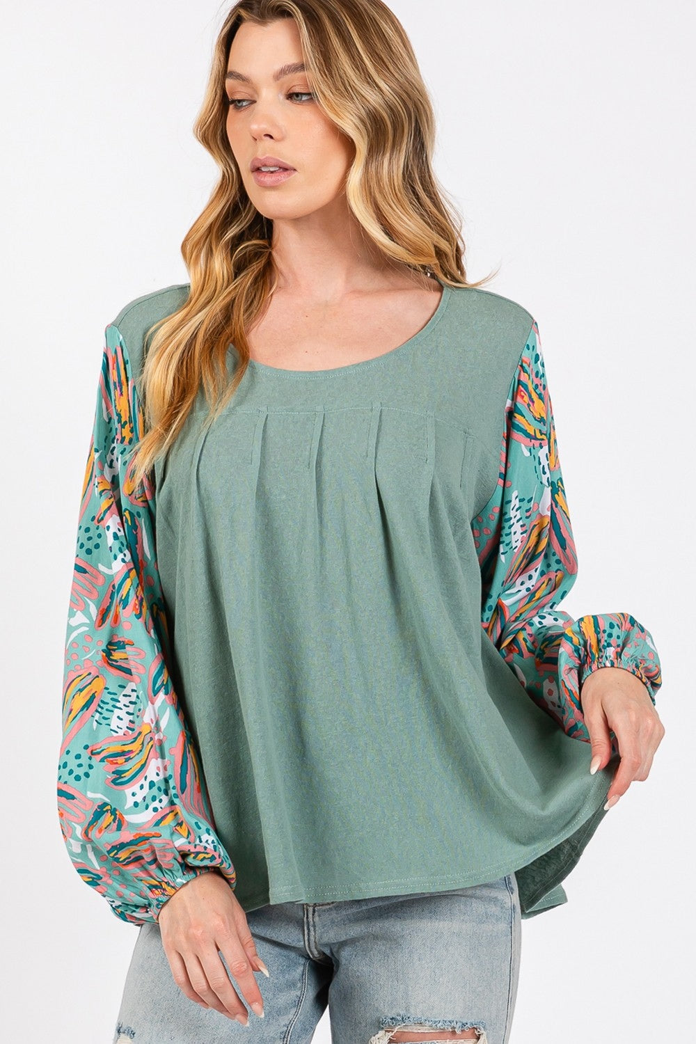 Ruched Round Neck Printed Bubble Sleeve Top