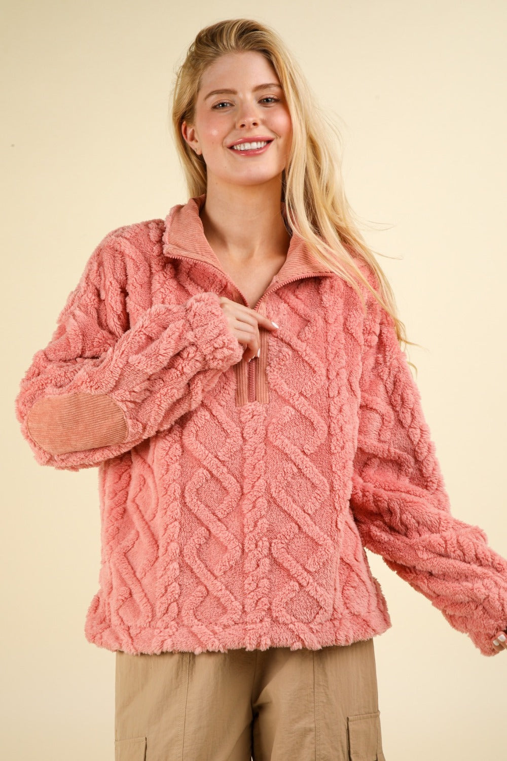 Mindy Fuzzy Fleece Half Zip Cable Pattern Sweatshirt