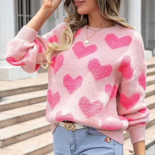 Fuzzy Heart Pink Knit Sweater