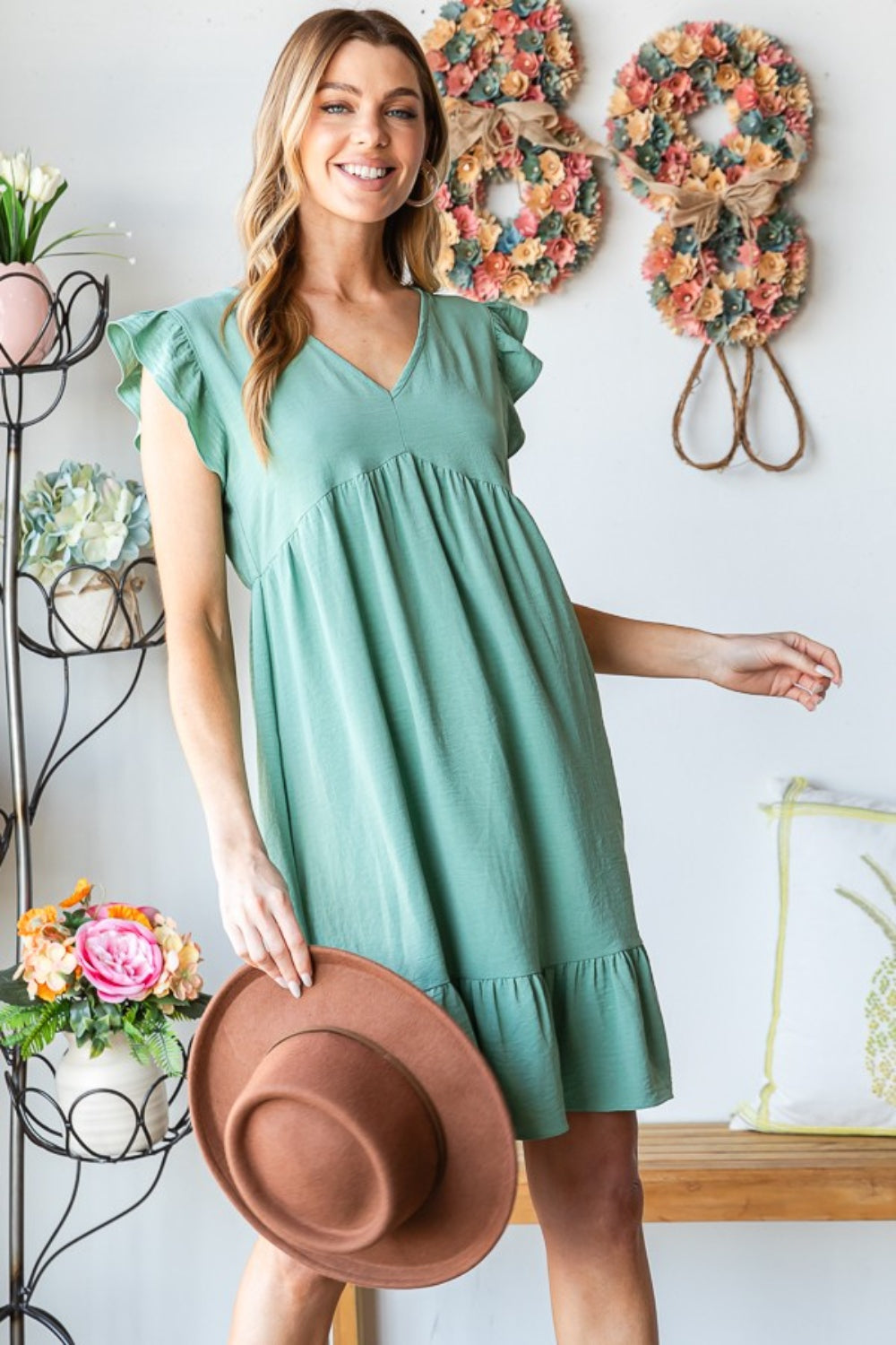 Lora V Neck Ruffled Hem Dress