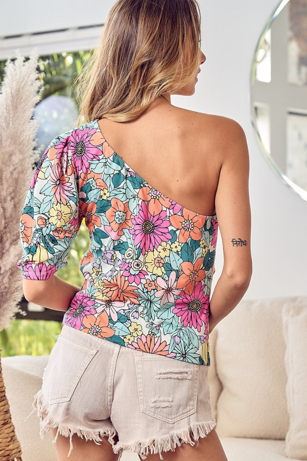 Rumi Floral Puff Sleeve One Shoulder Top