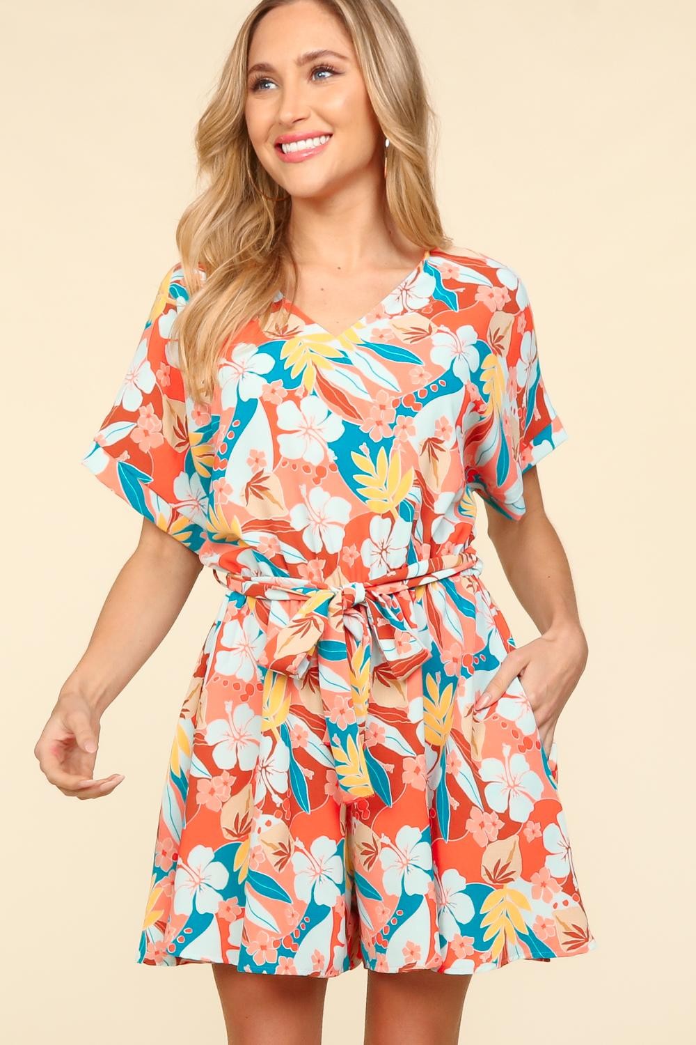 Tropical Floral Short Sleeve Tied Romper