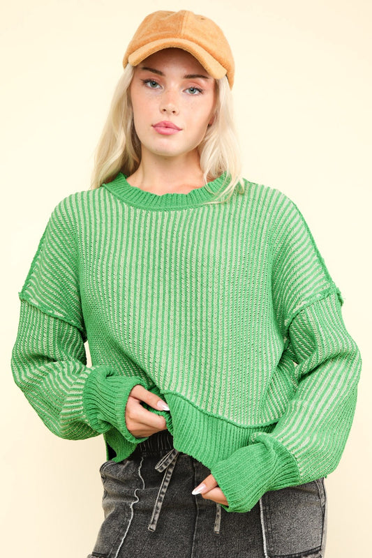 Exposed Seam Cropped Striped Slit Sweater