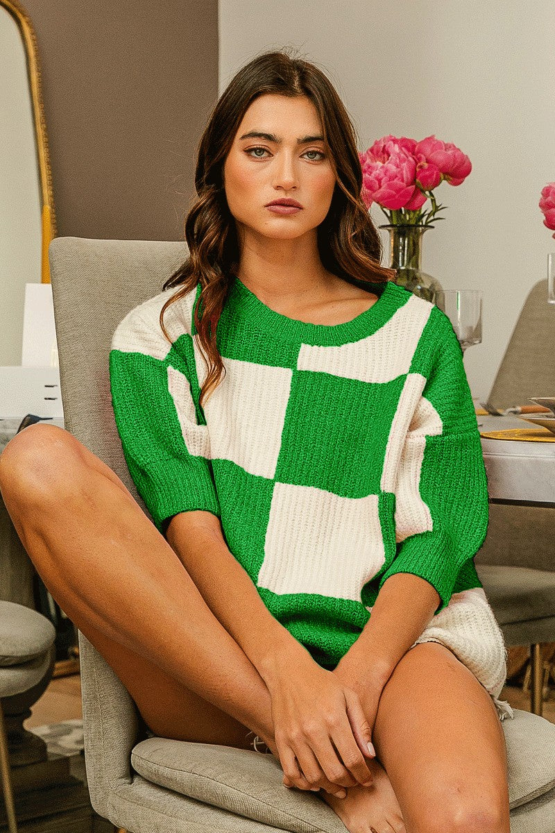 Tracy Checkered Contrast Round Neck Sweater