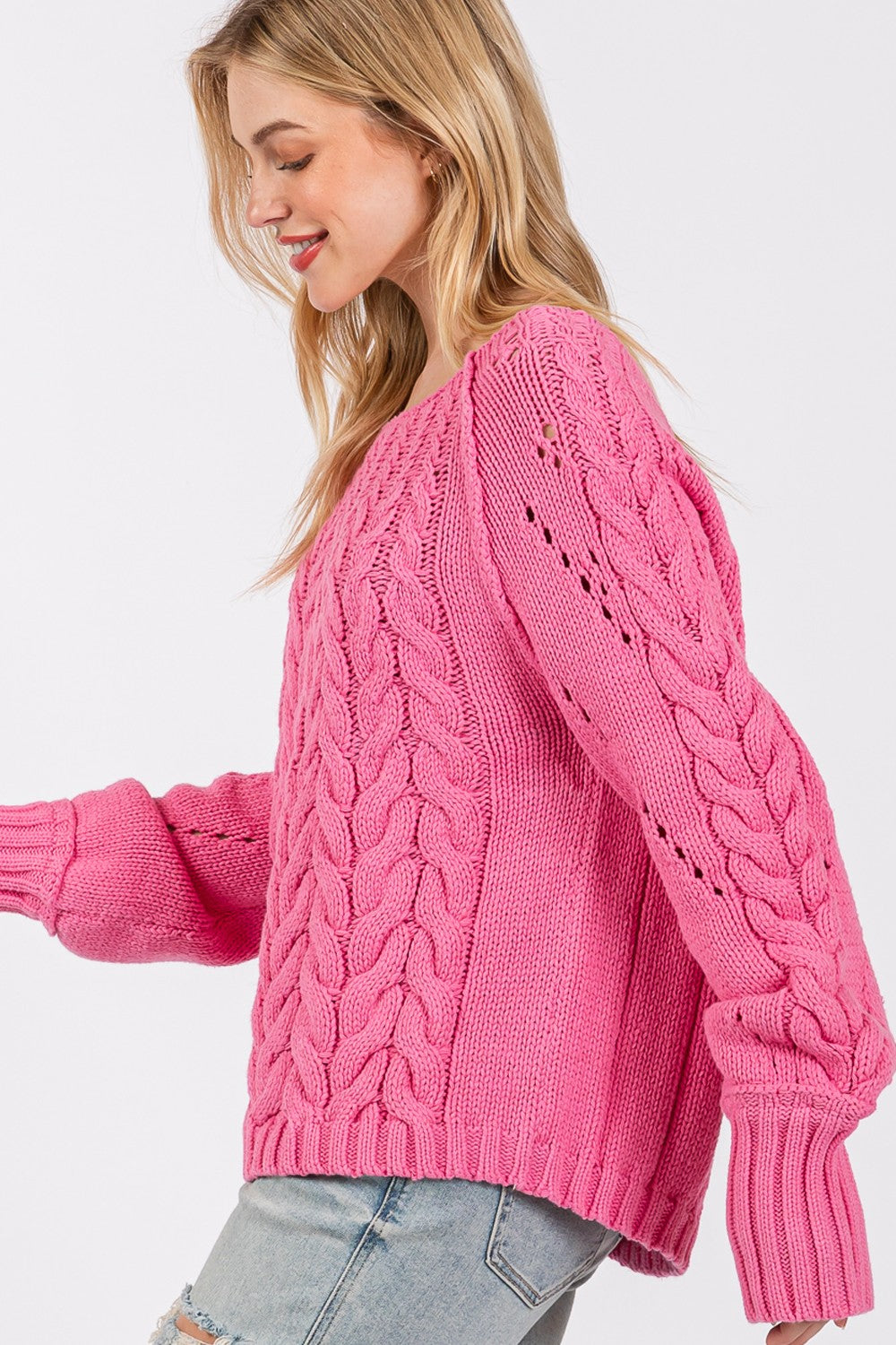 Cable-Knit Long Sleeve Sweater in Deep Pink