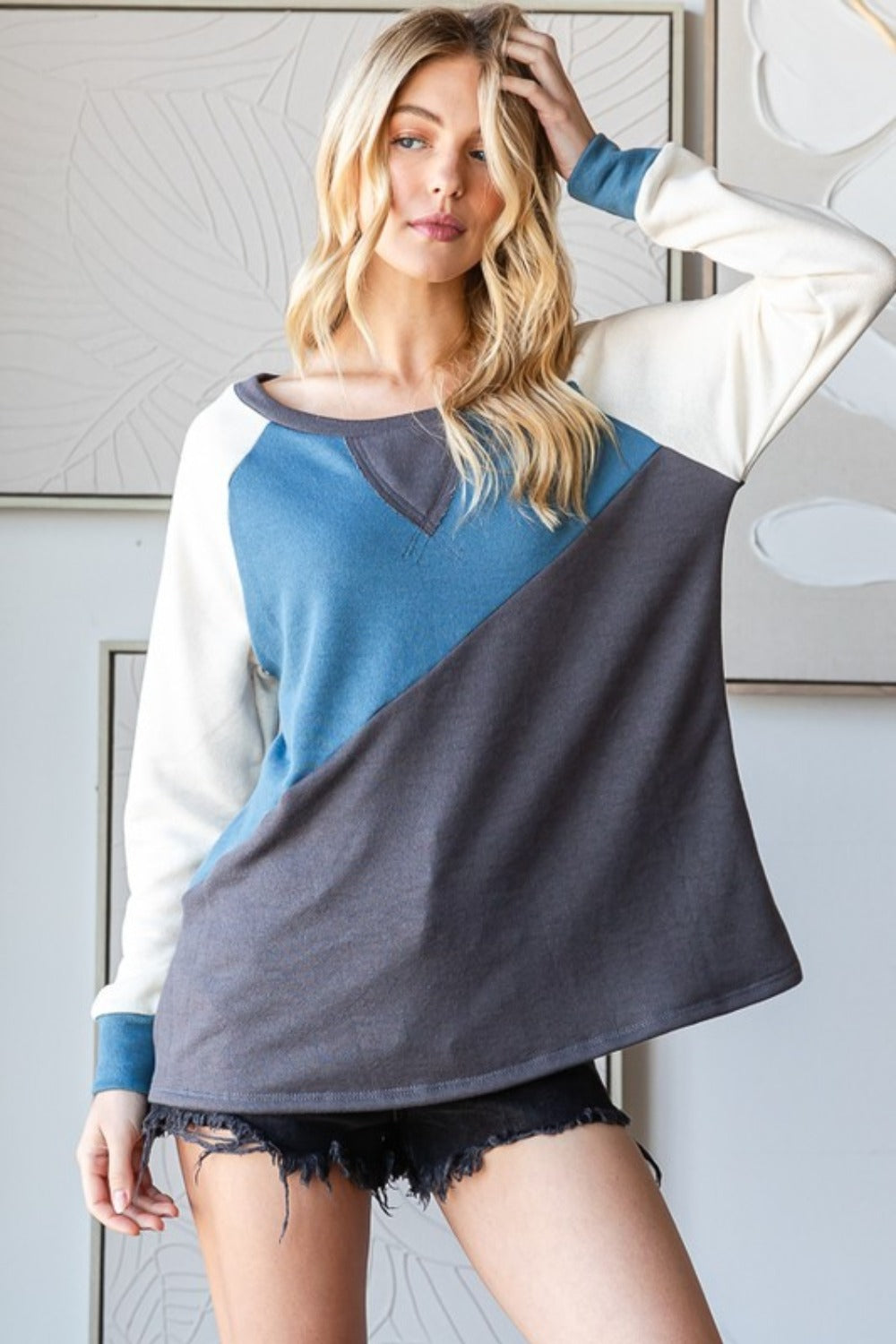 Kami Color Block Long Sleeve Top in Denim