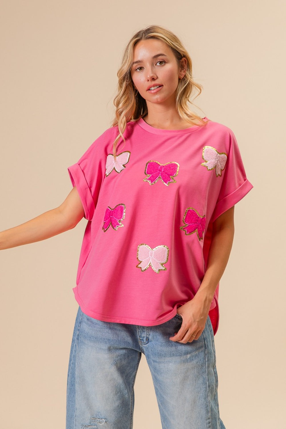 Kendra French Terry Drop Shoulder Bow Patched Top