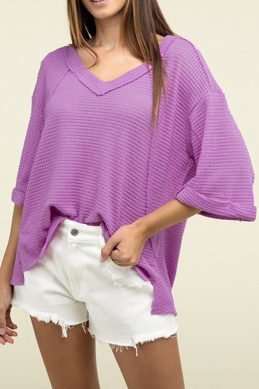 Sydney Brushed Waffle Exposed-Seam 3/4 Sleeve Top