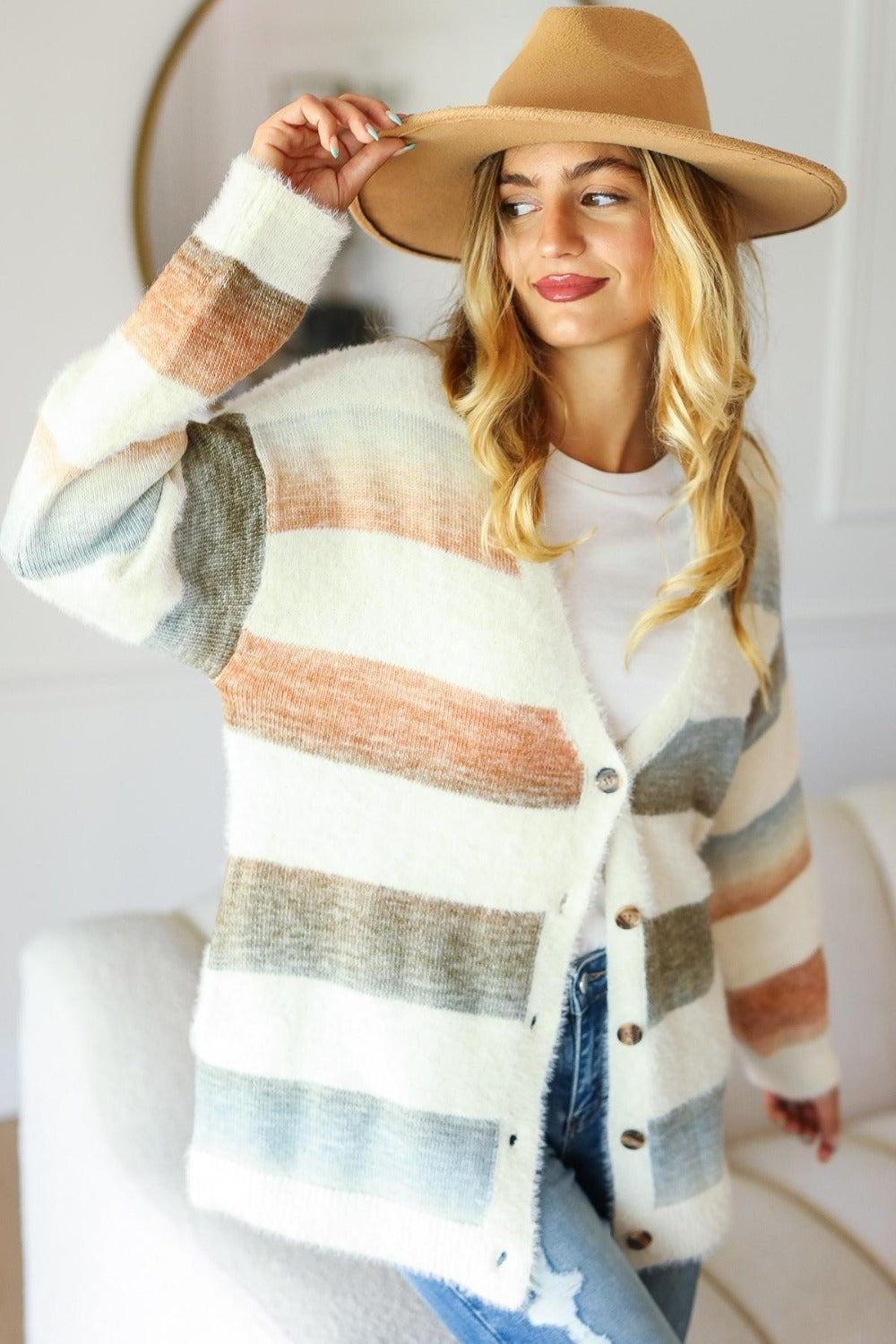 Striped Soft Fuzzy Sweater Cardigan