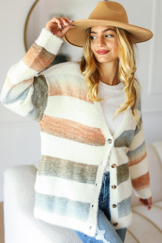 Striped Soft Fuzzy Sweater Cardigan