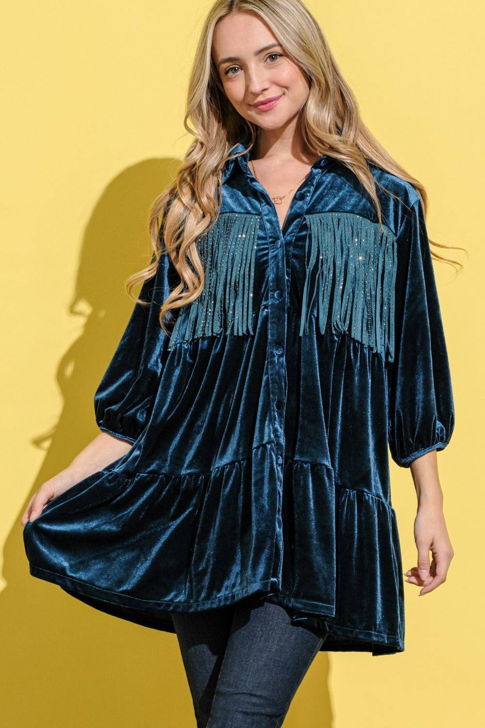 Anya Fringe Detailed Velvet Shirt Dress in Teal