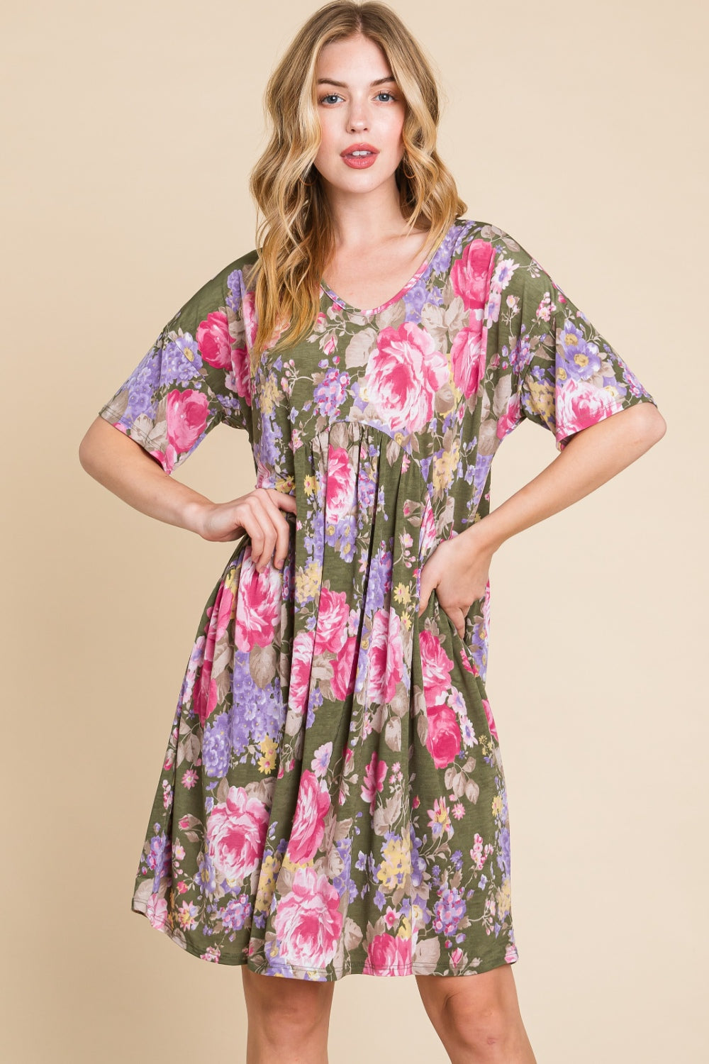 Suzette Flower Print V-Neck Ruched Dress