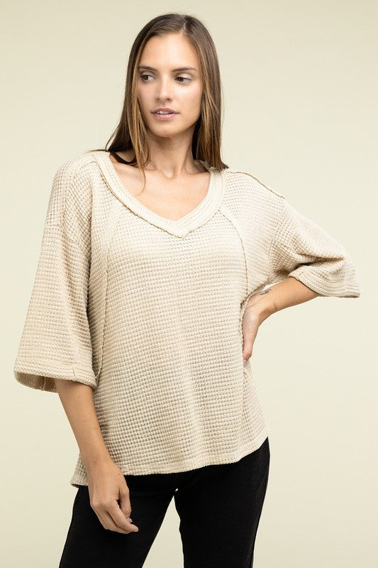 Sydney Brushed Waffle Exposed-Seam 3/4 Sleeve Top