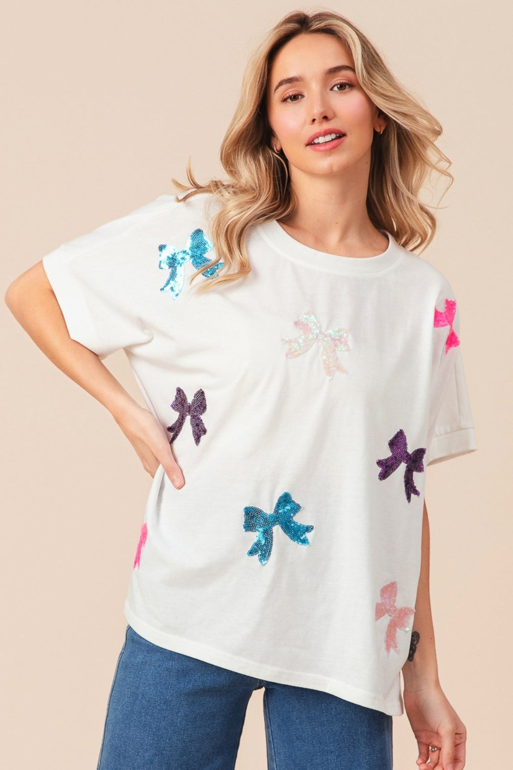 Sequin Bow Patch Short Sleeve Top