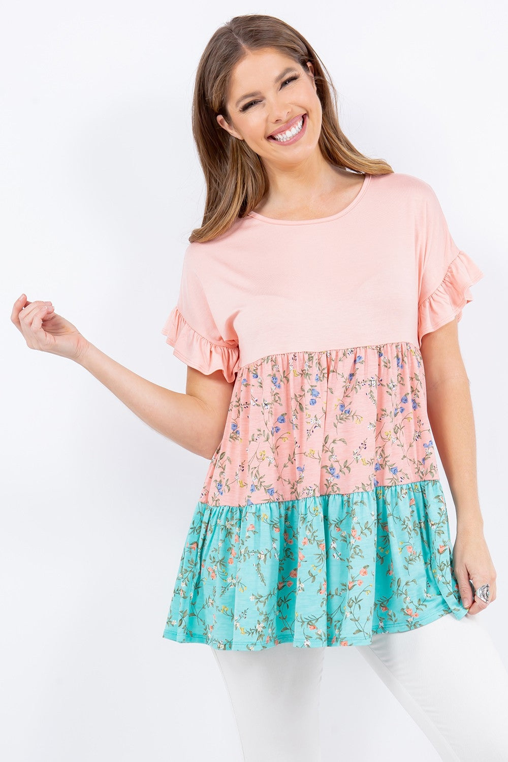 Fanny Floral Color Block Ruffled Top