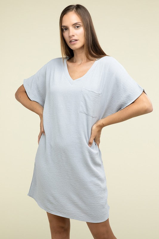 Darcy Woven V Neck T-Shirt Dress with Pockets