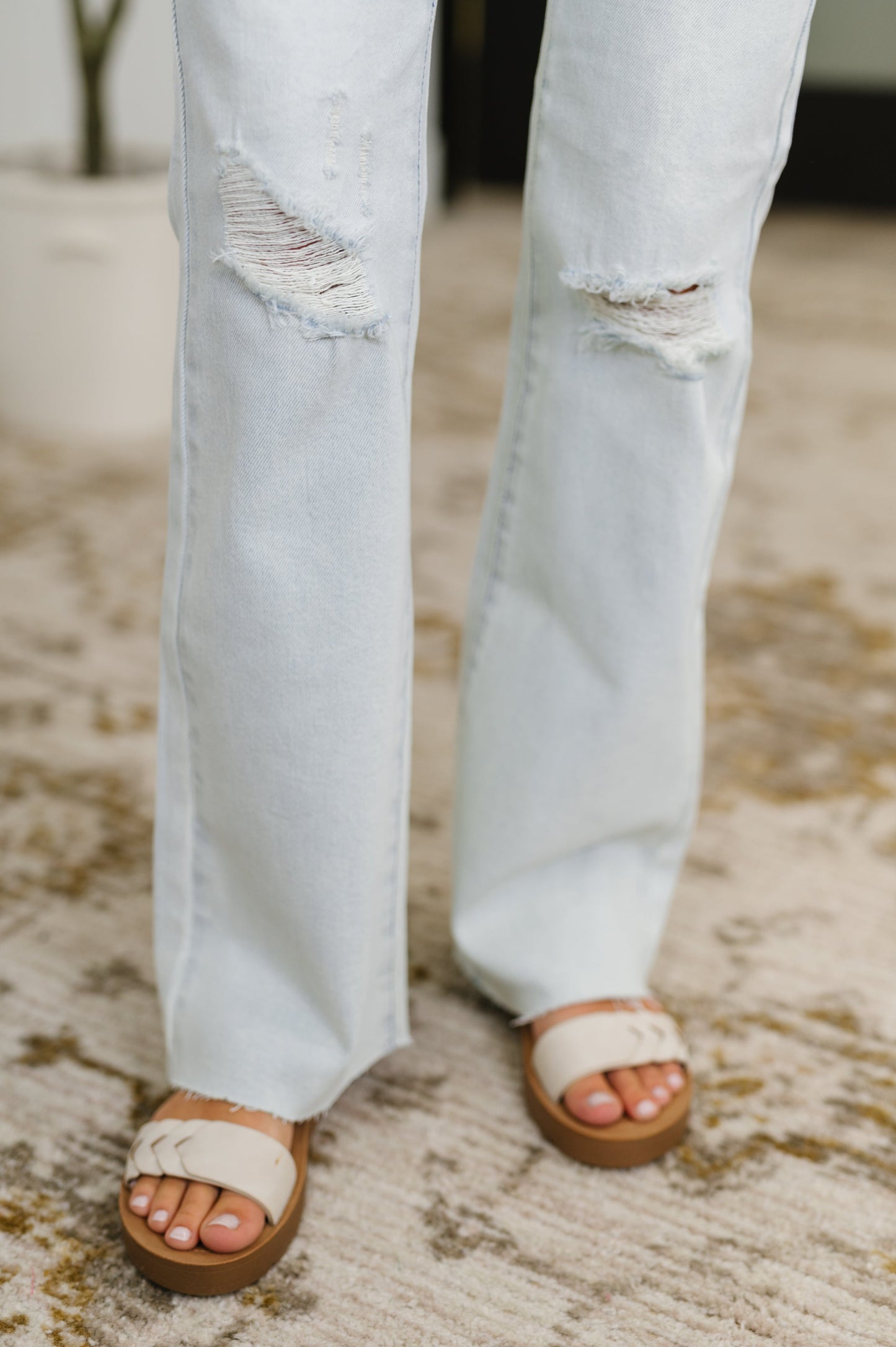 Mid Rise Destroyed & Frayed Hem Bootcut Jeans