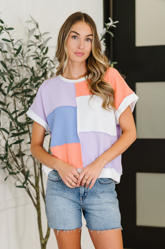 Denni Color Block Top in Lilac, Orange and Denim