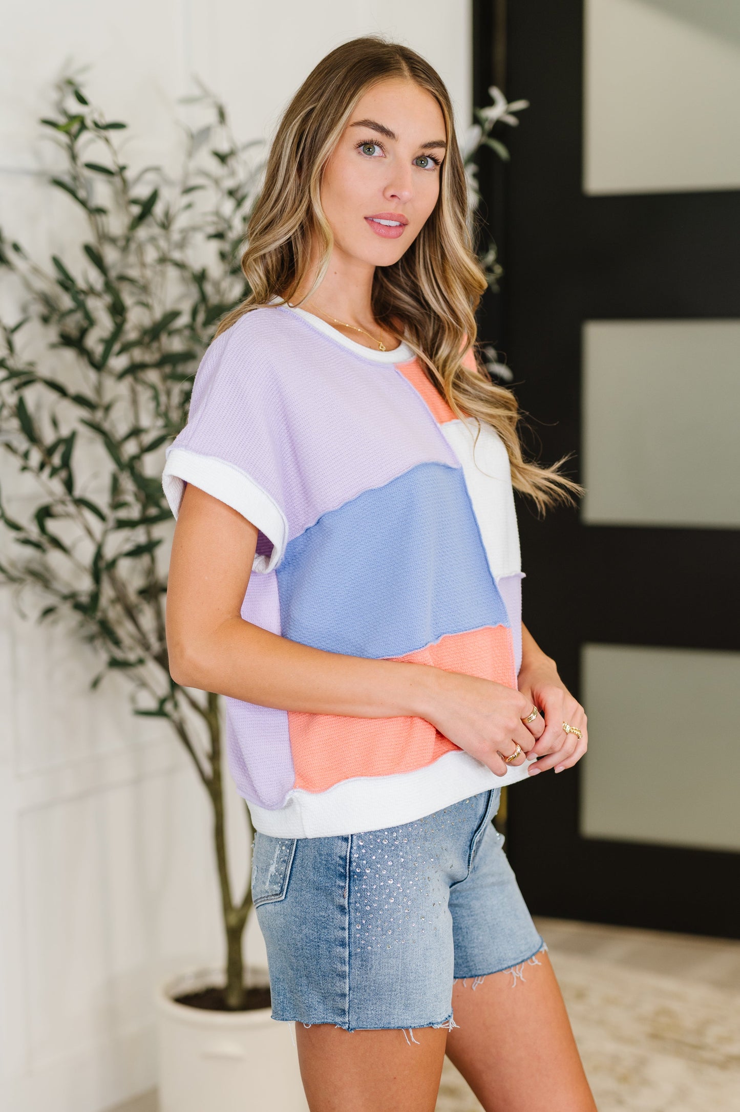 Denni Color Block Top in Lilac, Orange and Denim
