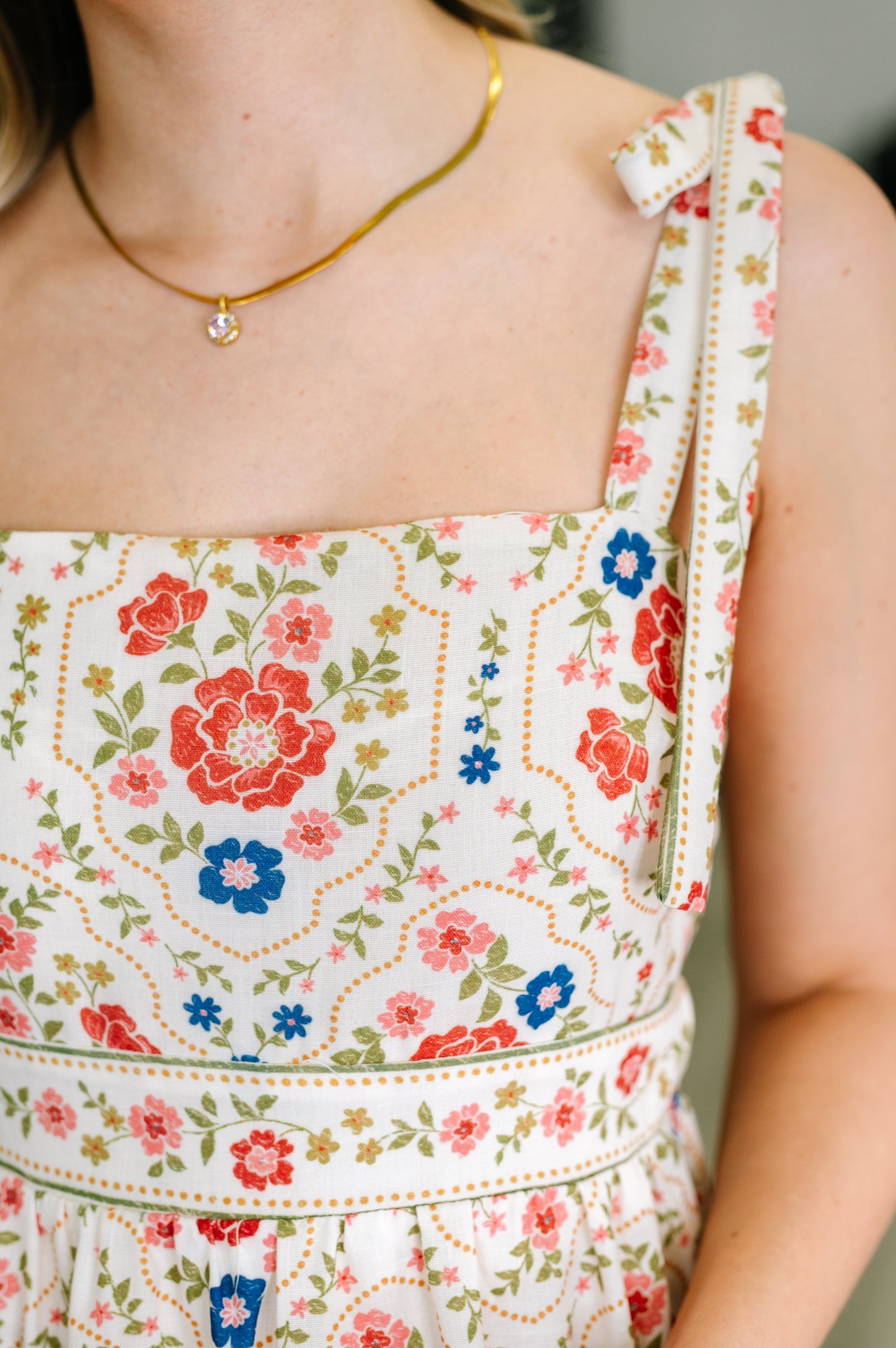 Meadow Sweet Adjustable Strap Dress in Cream and Red