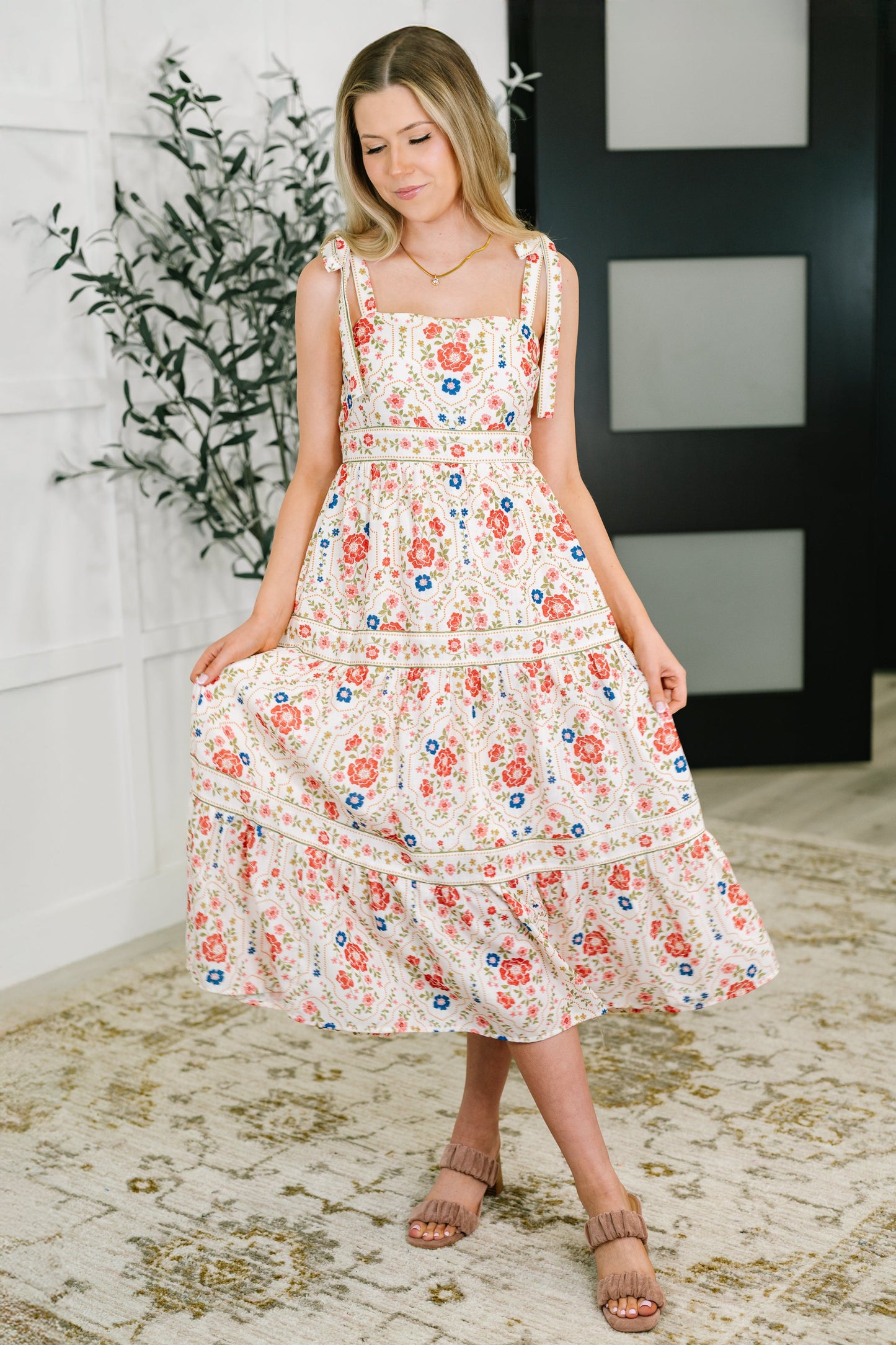 Meadow Sweet Adjustable Strap Dress in Cream and Red