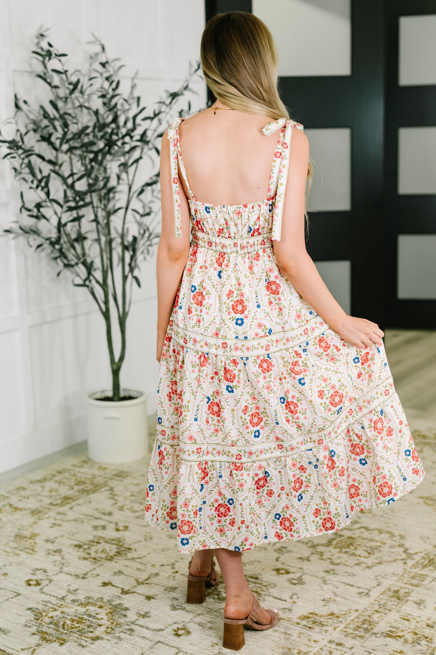 Meadow Sweet Adjustable Strap Dress in Cream and Red