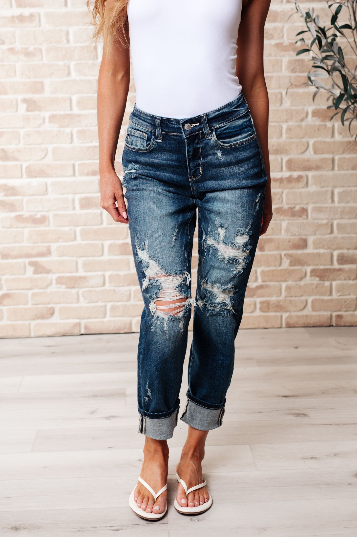 Mid Rise Cuffed Destroyed Boyfriend Jeans