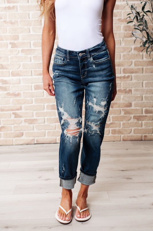 Mid Rise Cuffed Destroyed Boyfriend Jeans
