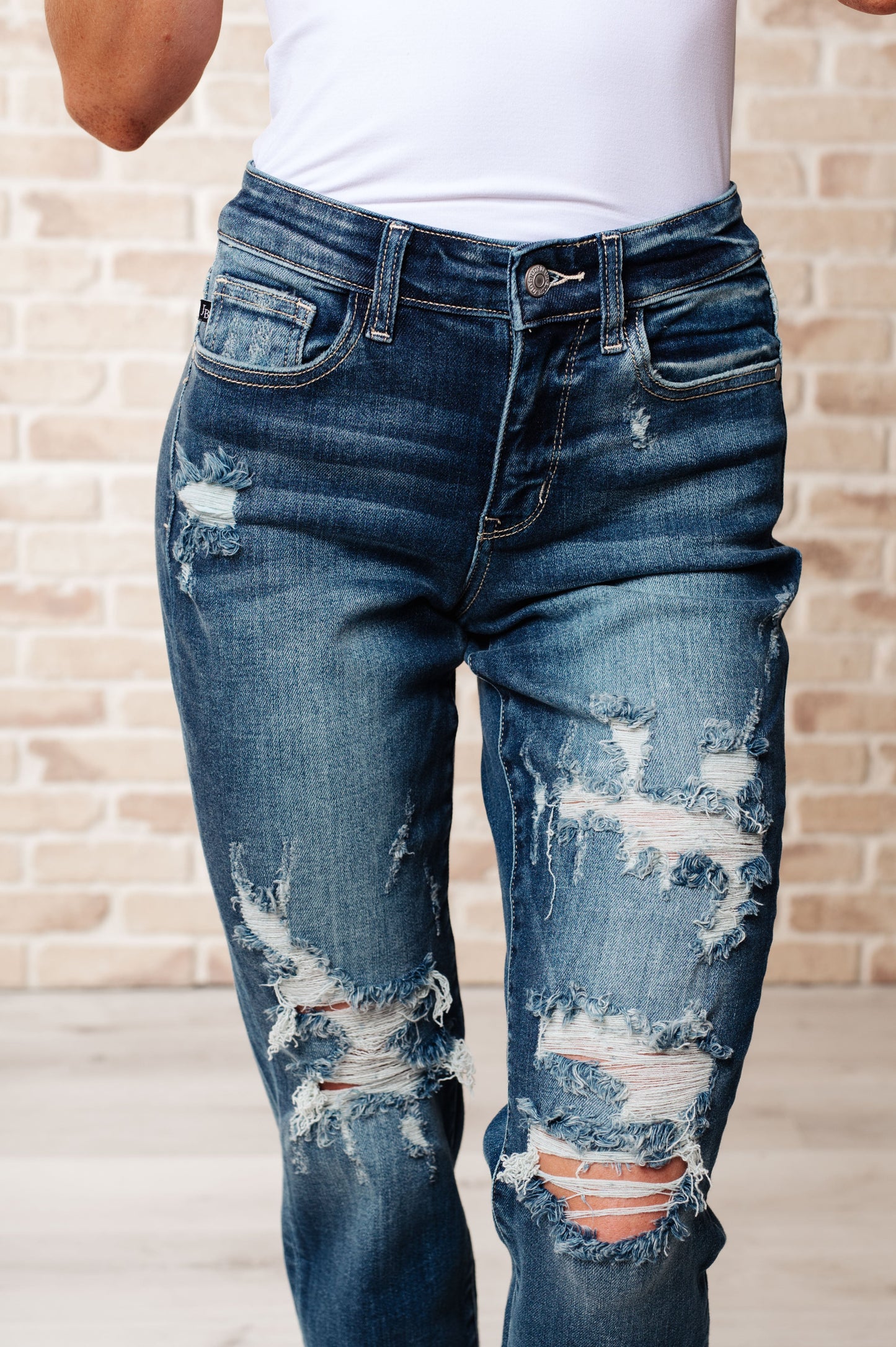 Mid Rise Cuffed Destroyed Boyfriend Jeans
