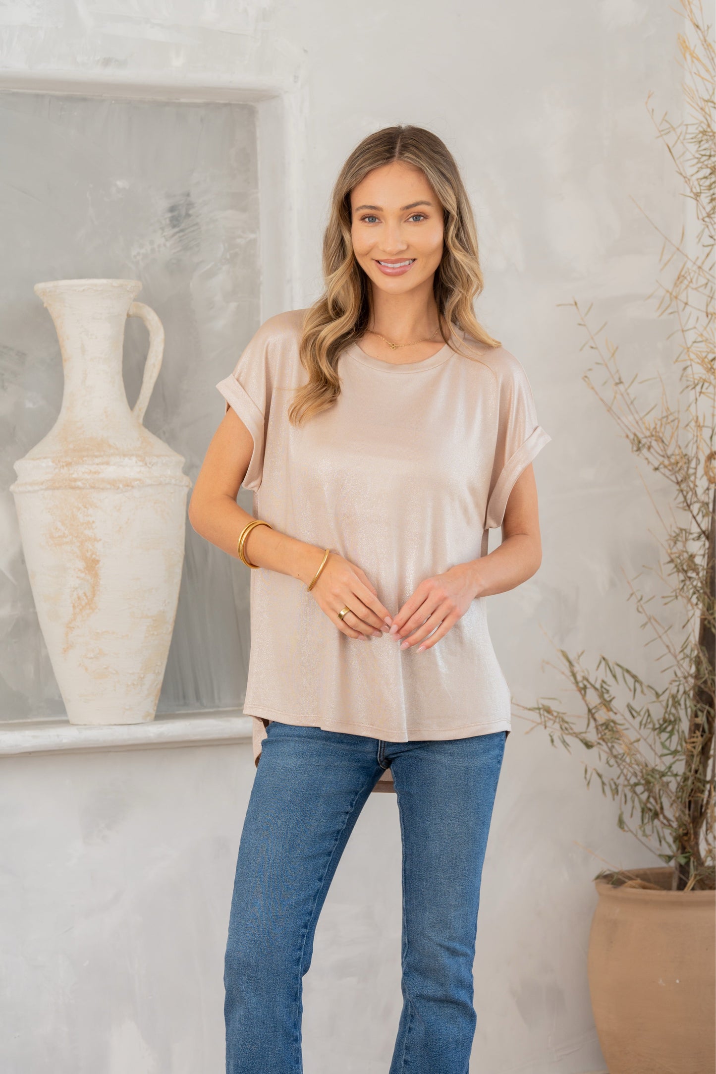 Alba Shimmer Cuffed Top in Taupe