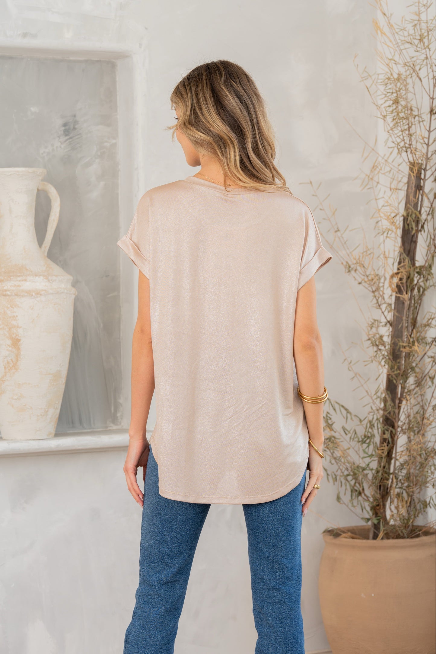 Alba Shimmer Cuffed Top in Taupe