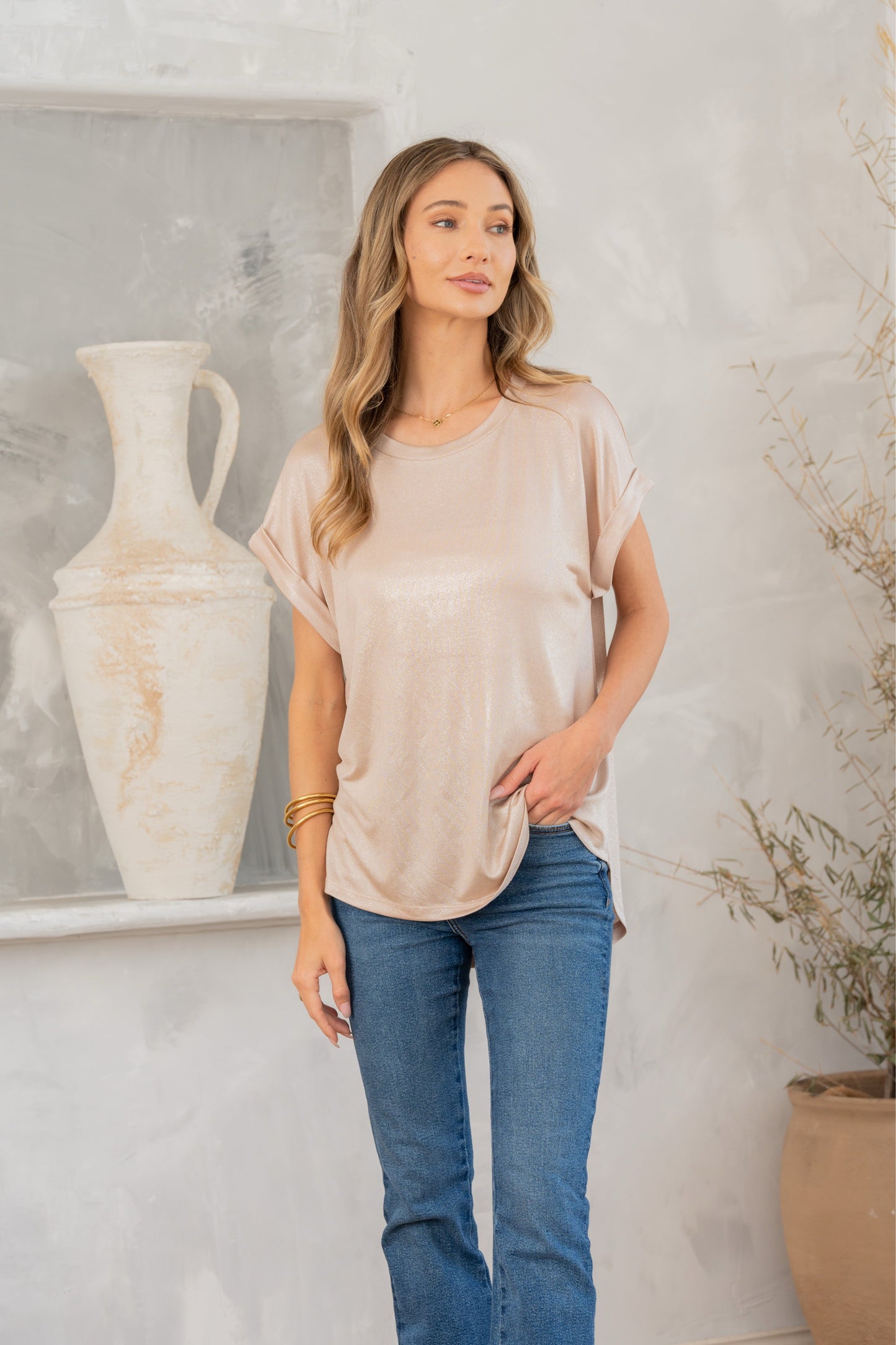 Alba Shimmer Cuffed Top in Taupe