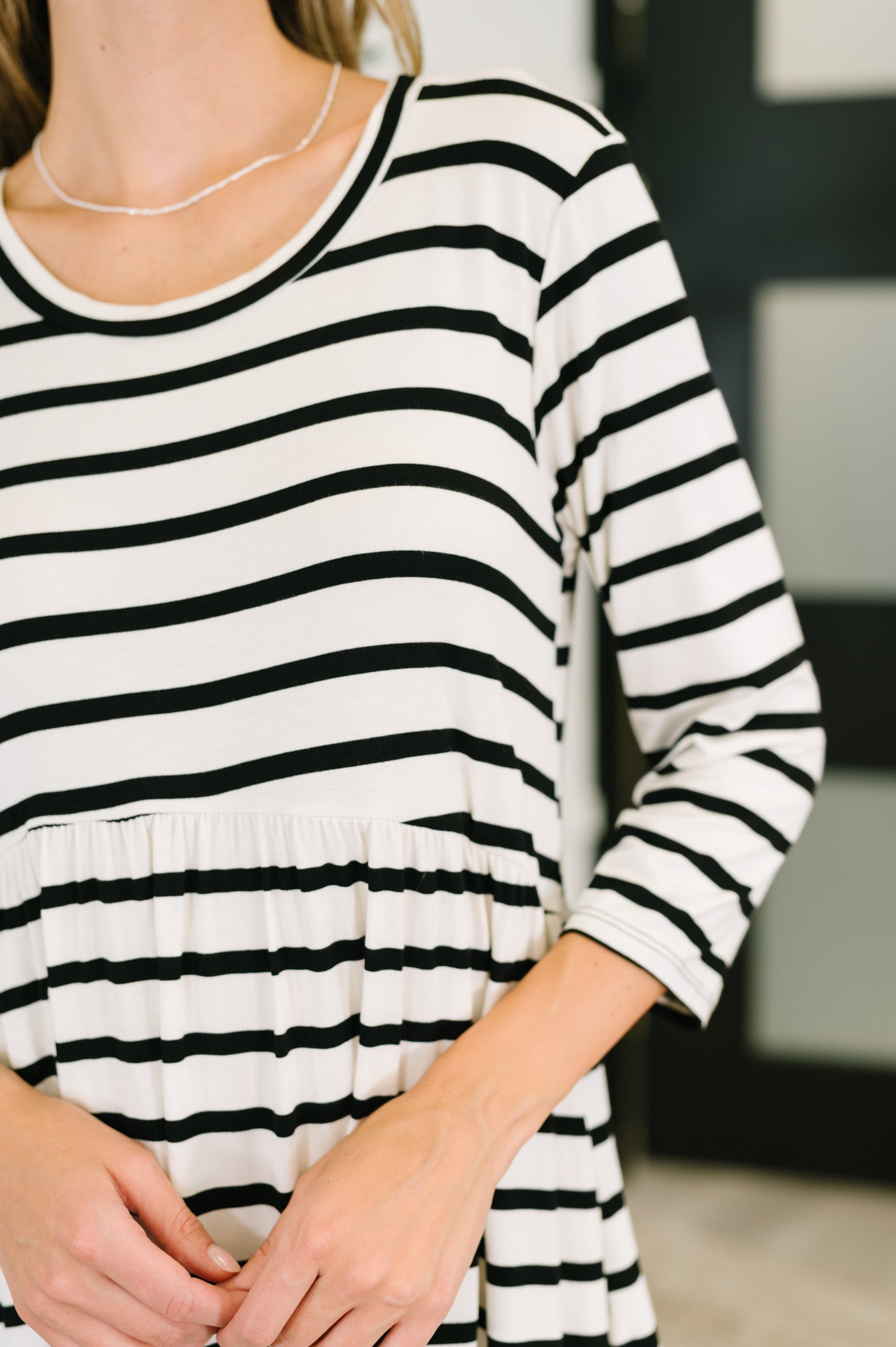Andie Scooped Hem Casual Dress in Black and White Striped