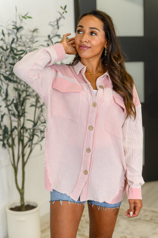 Nessa Full Front Button Down Shacket in Pink