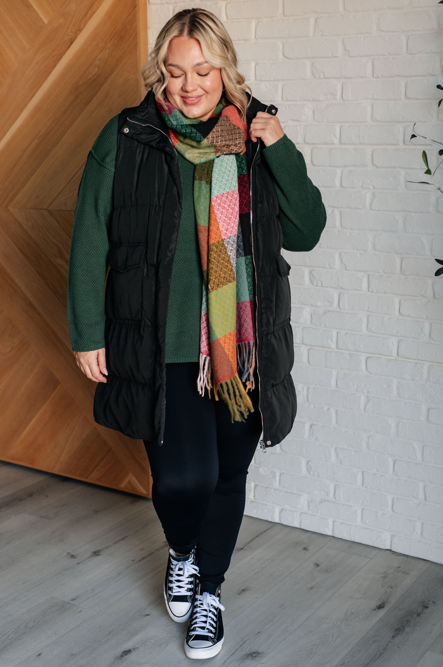 Checkered Fringe Scarf in Berry