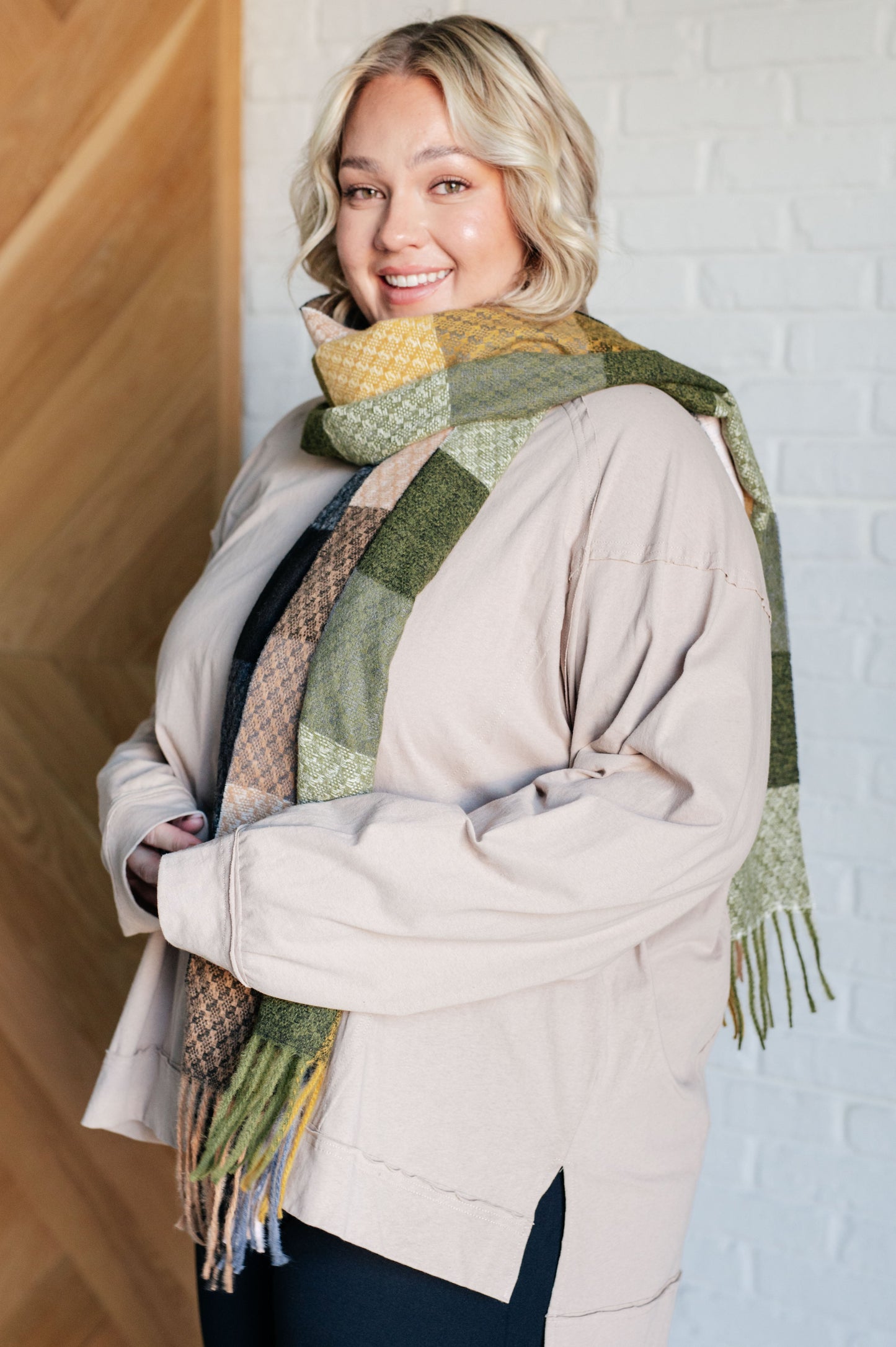 Checkered Fringe Scarf in Woodland Shades