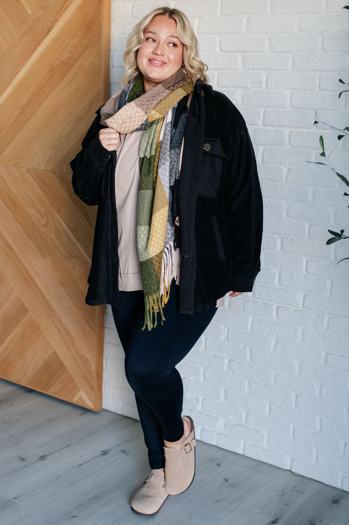 Checkered Fringe Scarf in Woodland Shades