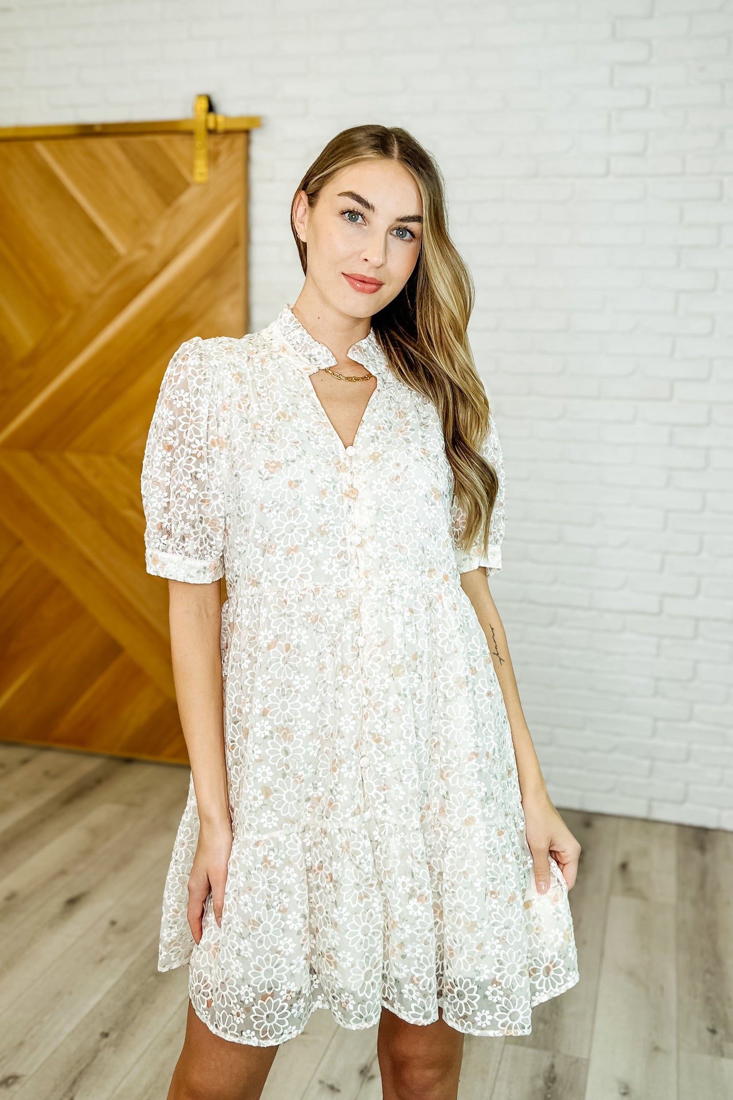 Georgina High Neck Dress in Ivory Multi