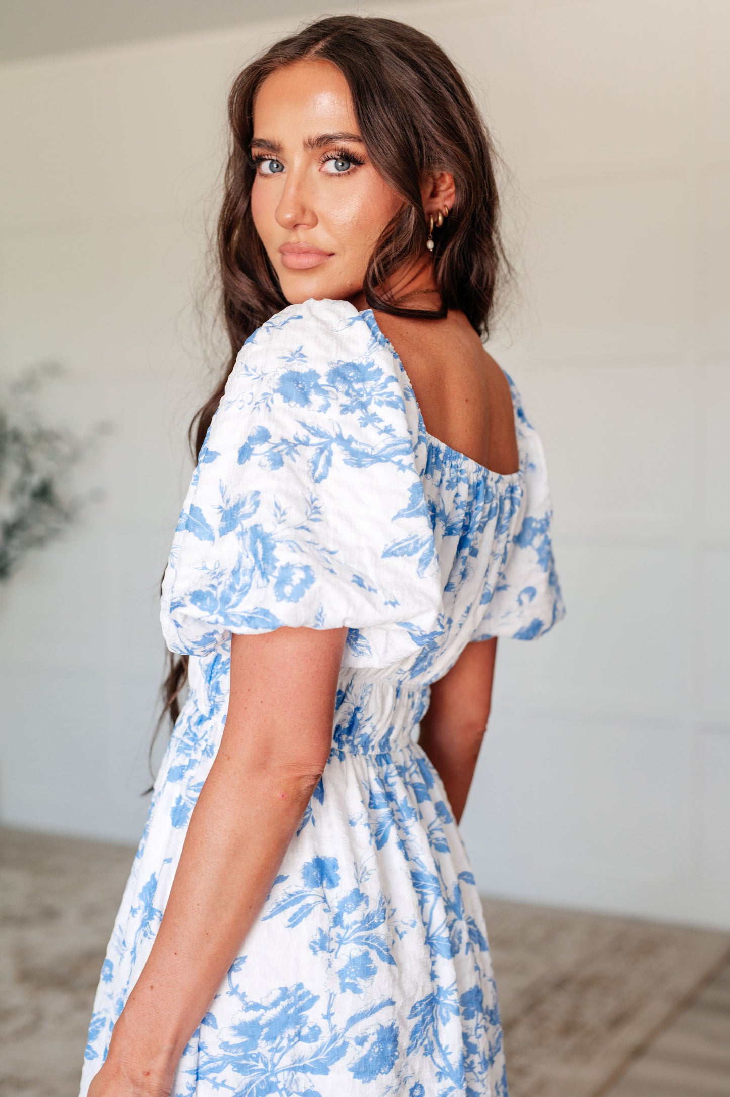 Annabel Square Neck Floral Dress in Blue