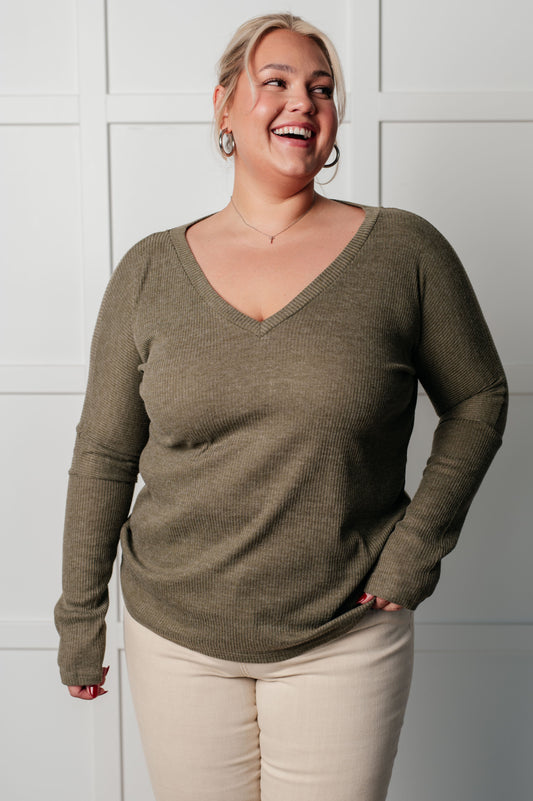 Billie Ribbed Knit V Neck Long Sleeve Top