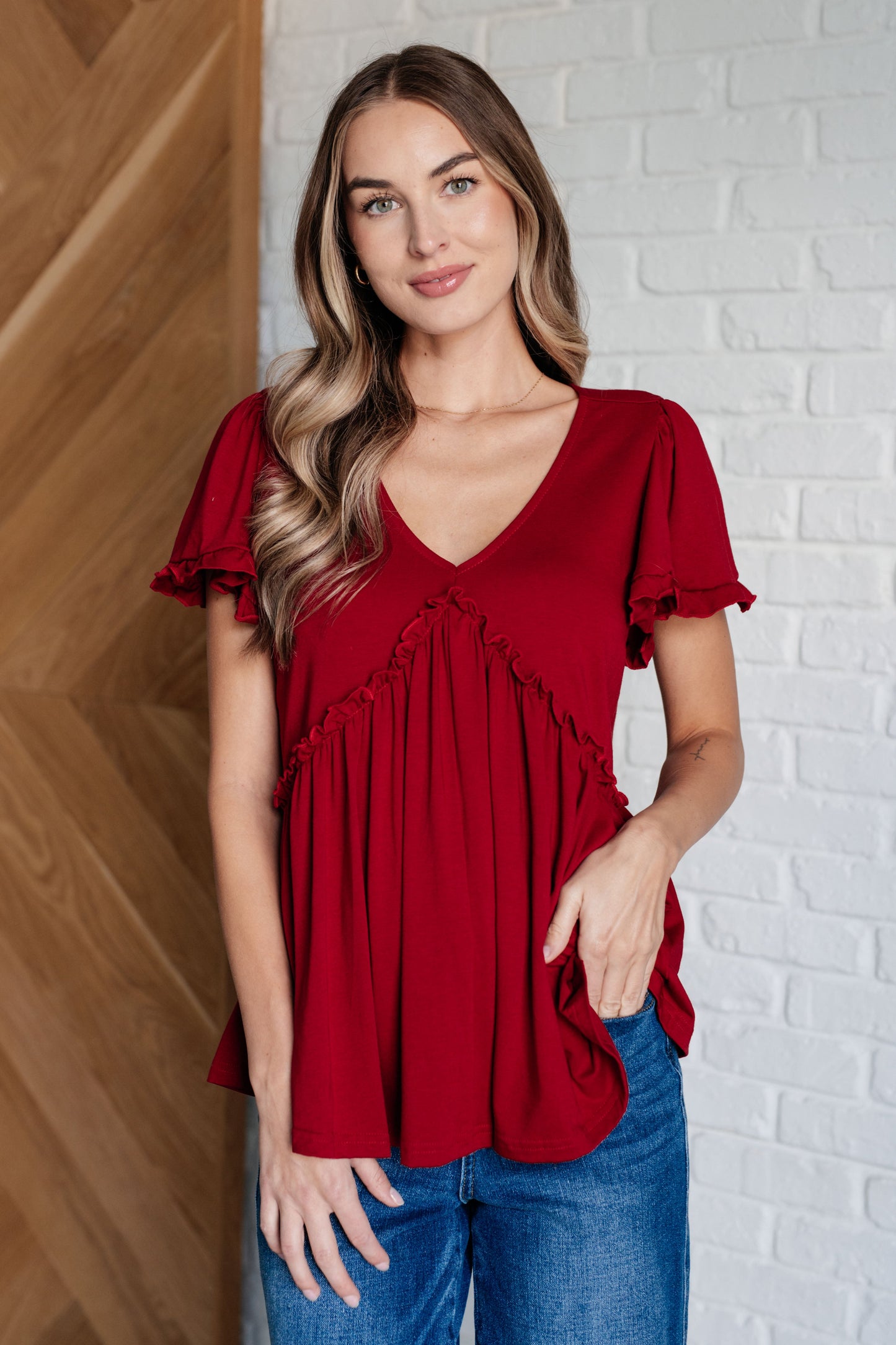 Shaila V-Neck Ruffle Detail Top