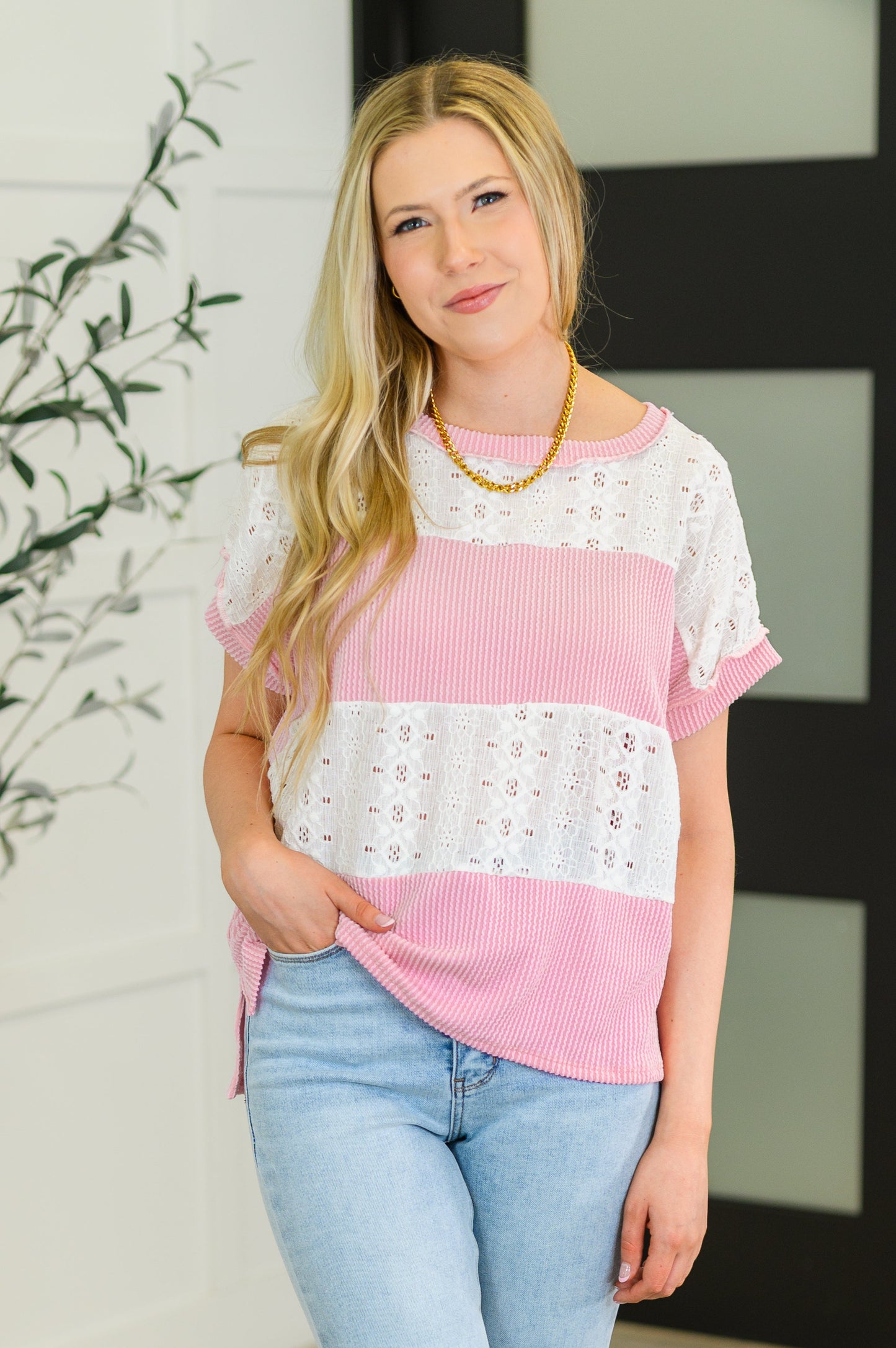 Cory Color Block Knit Top in Pink